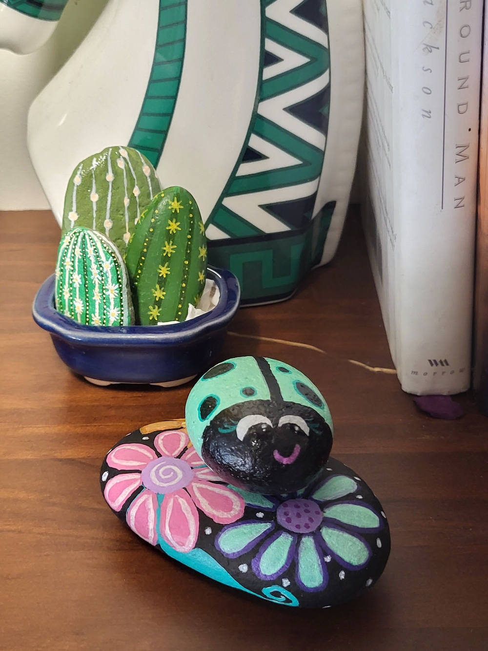 Hand-Painted Green Ladybug and Floral Rock Set - Decorative Accent